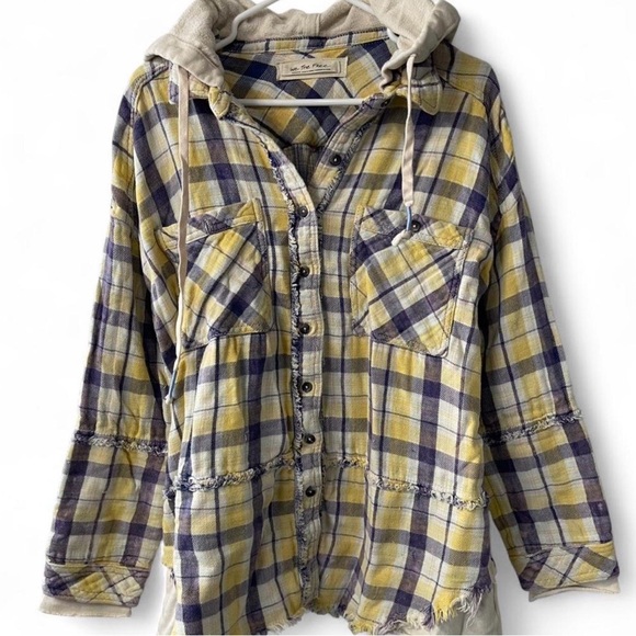 We The Free Tops - Free People Yellow & Navy Plaid Hooded Flannel